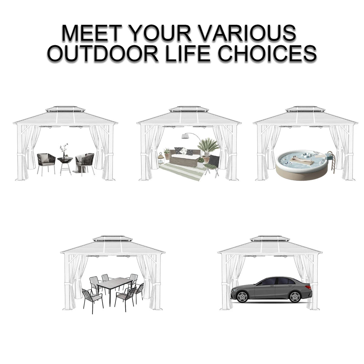 10’ x 12’ Hardtop Aluminum Frame Patio Gazebo with Netting and Curtains G2963