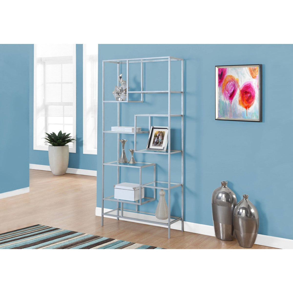 Silver Rectangular Bookcase with Tempered Glass K996203