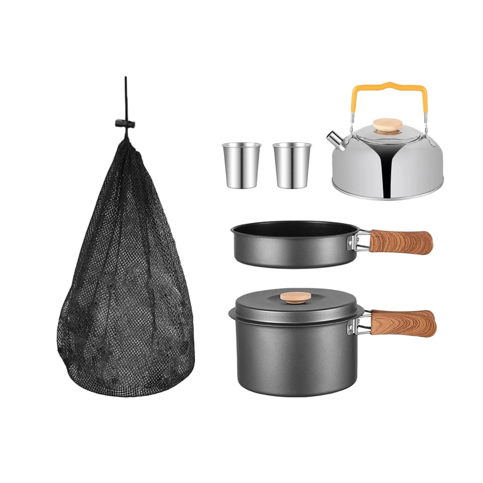 5x Gray Camping Cookware Set with Saucepan Drink Cup Pot Pan Kettle H33974