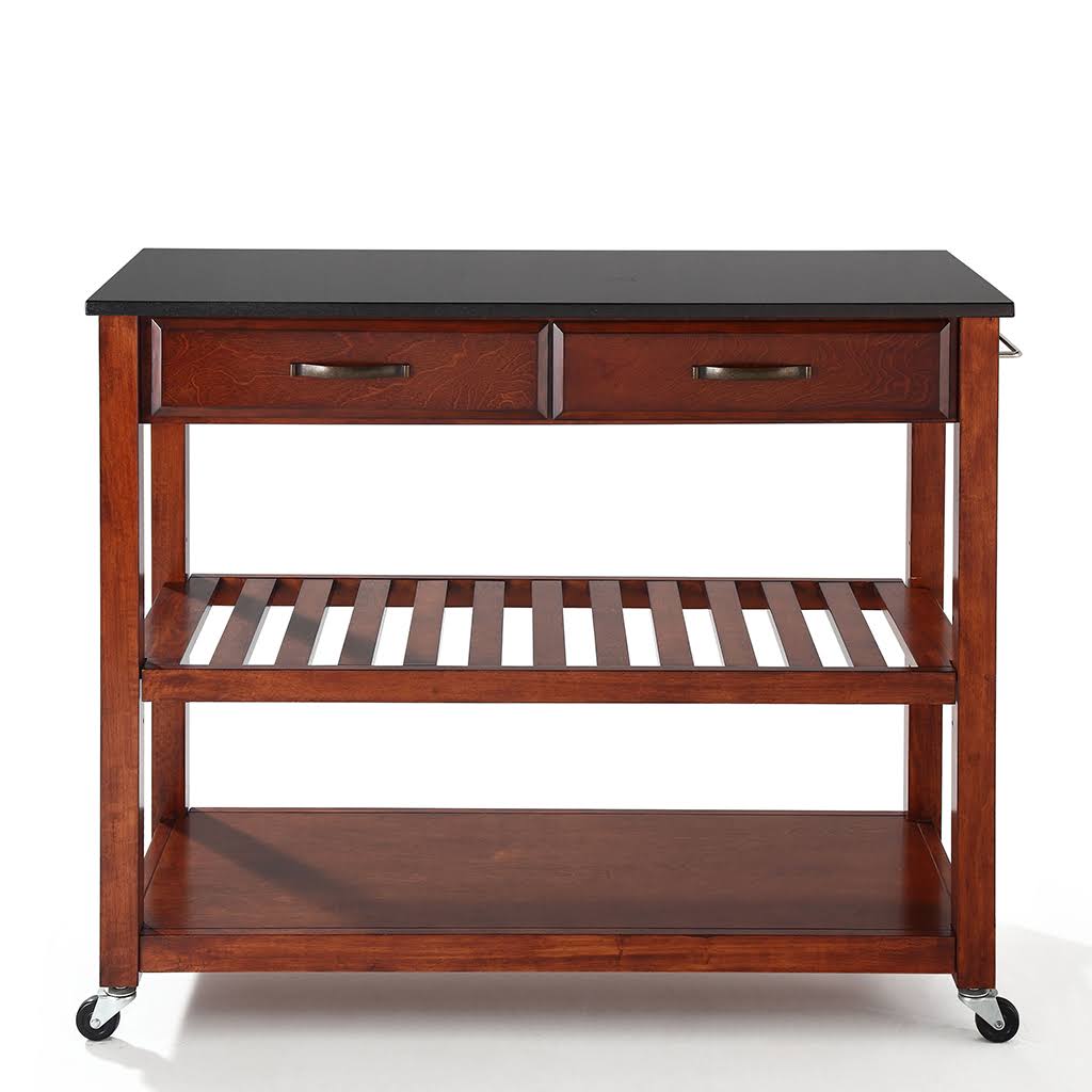 Solid Black Granite Top Kitchen Cart with Stool Storage Y5691