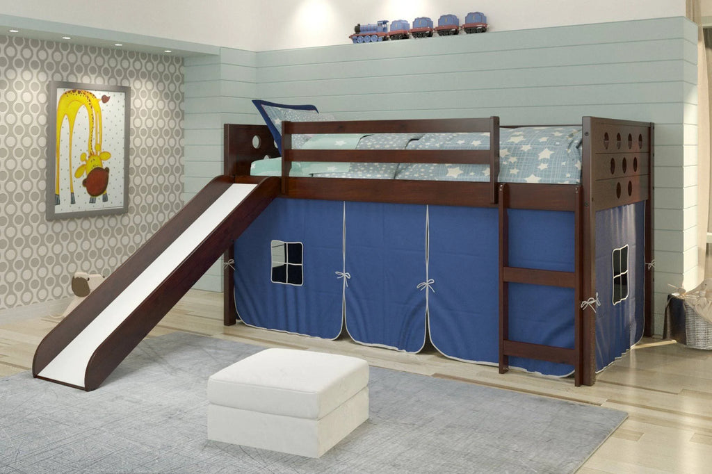 Dark Cappuccino Twin Low Loft Bed with Blue Tent Kit X202
