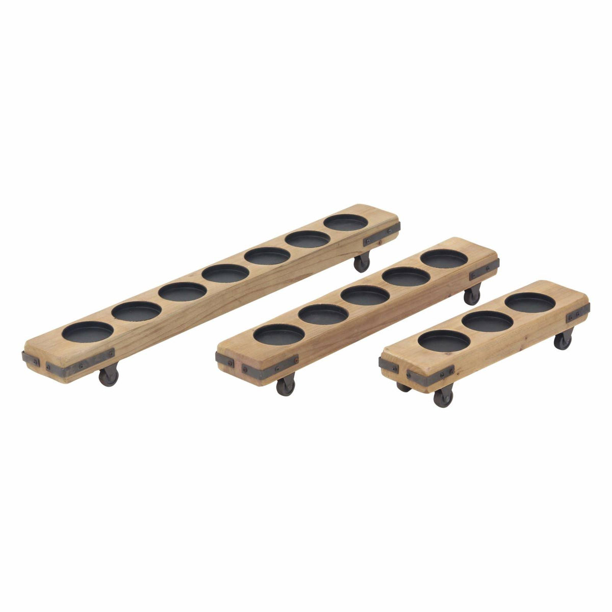 Rustic Fir Wood and Iron Candle Holders on Casters - Set of 3 B1496