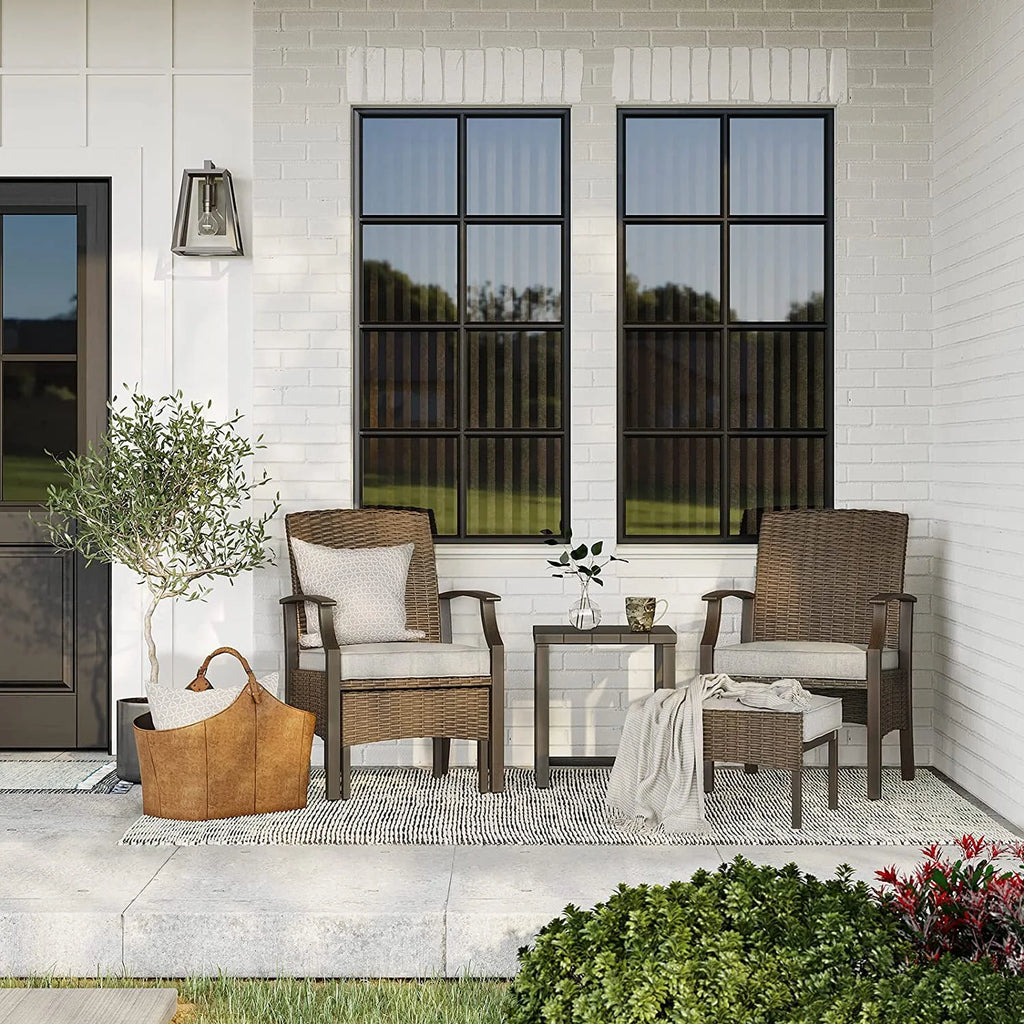 5 Piece Rattan Patio Furniture Set with Ottoman and Coffee Table E48089