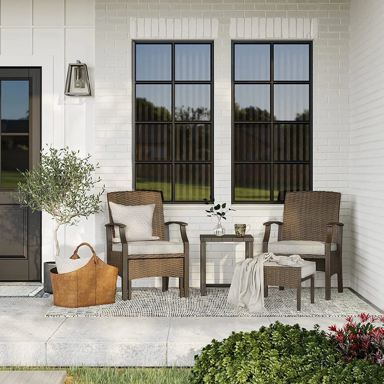5 Piece Rattan Patio Furniture Set with Ottoman and Coffee Table E48089