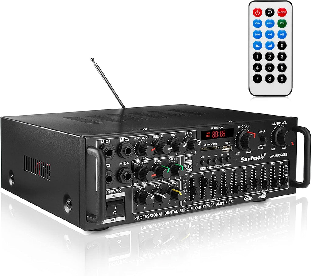 Bluetooth Stereo Power Amplifier with FM Radio, MP3/USB/SD, 2 Mic in Echo, RCA, LED Q11375