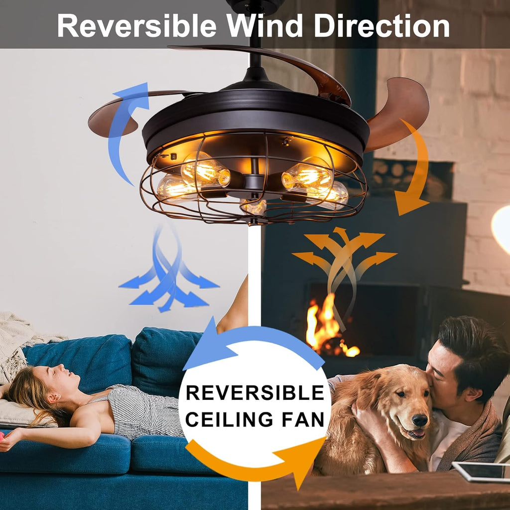 42'' Industrial Black Caged Ceiling Fan with Lights Remote Control R509979