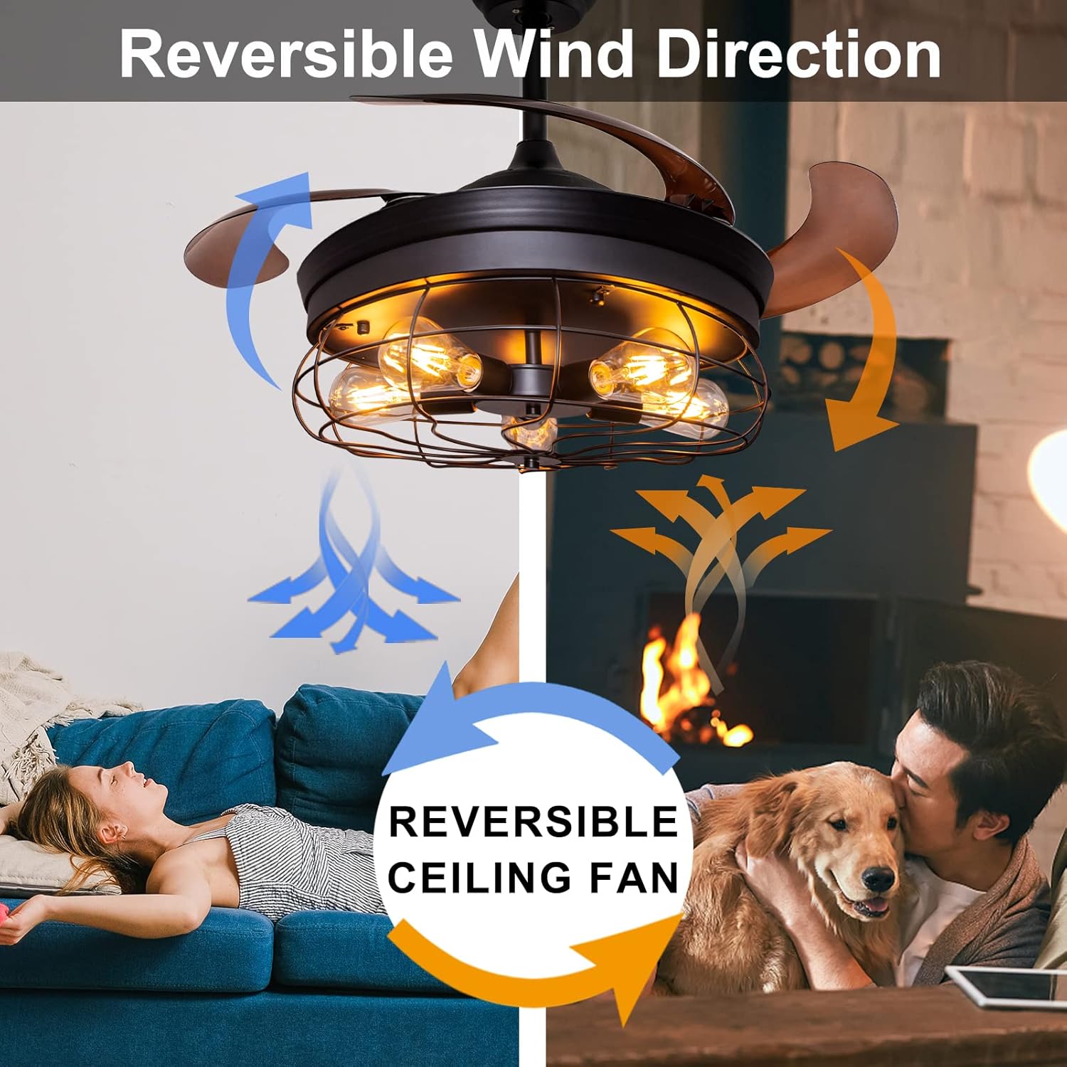 42'' Industrial Black Caged Ceiling Fan with Lights Remote Control R509979