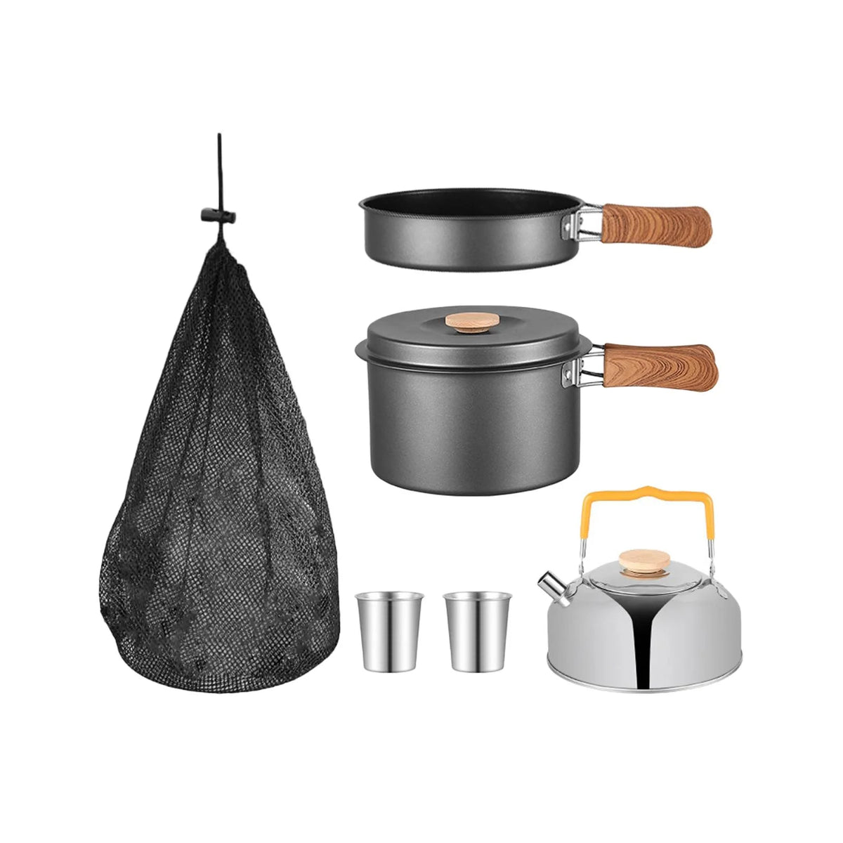 5x Gray Camping Cookware Set with Saucepan Drink Cup Pot Pan Kettle H33974
