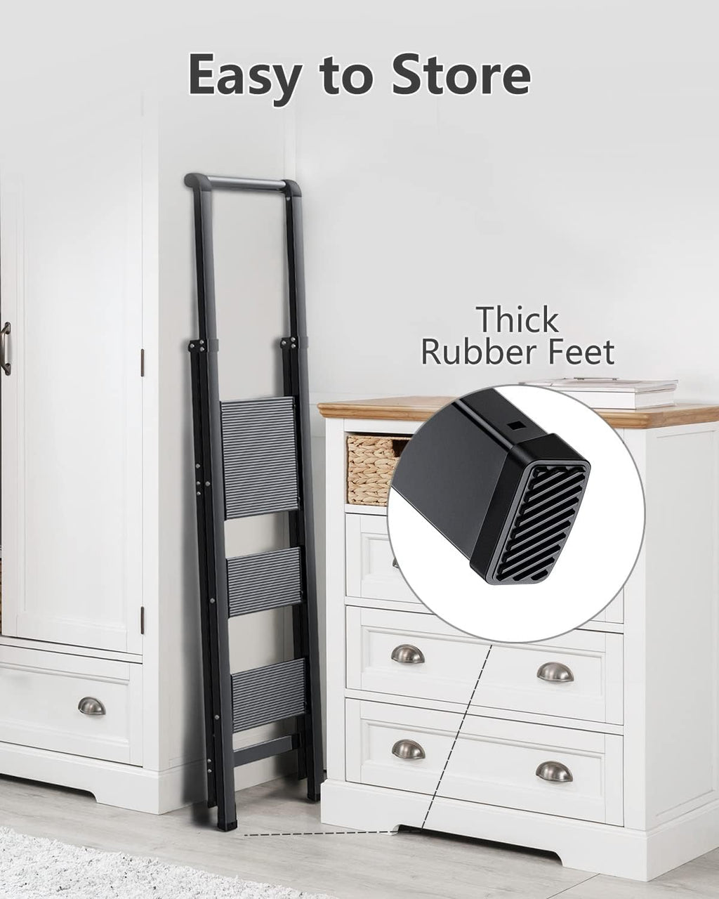 3 Step Folding Ladder with Handrail, Lightweight Aluminum Alloy Black, Anti-Slip Wide Pedal I35501