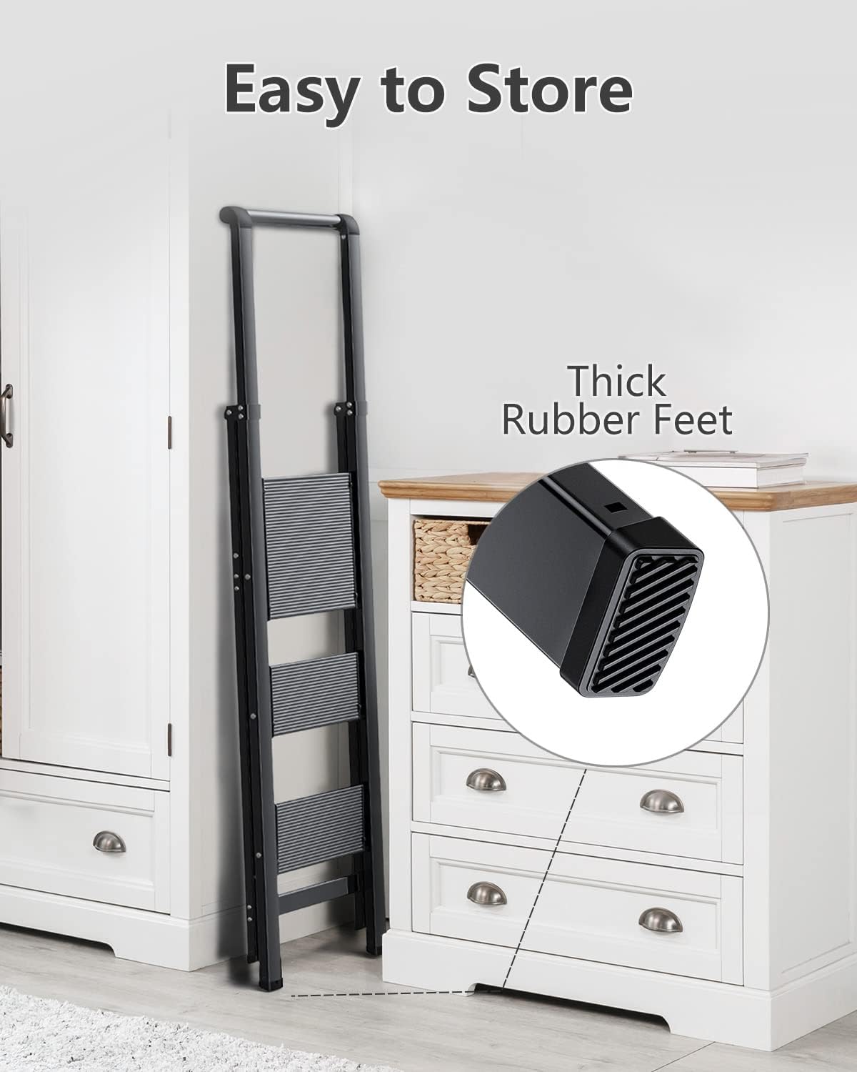 3 Step Folding Ladder with Handrail, Lightweight Aluminum Alloy Black, Anti-Slip Wide Pedal I35501