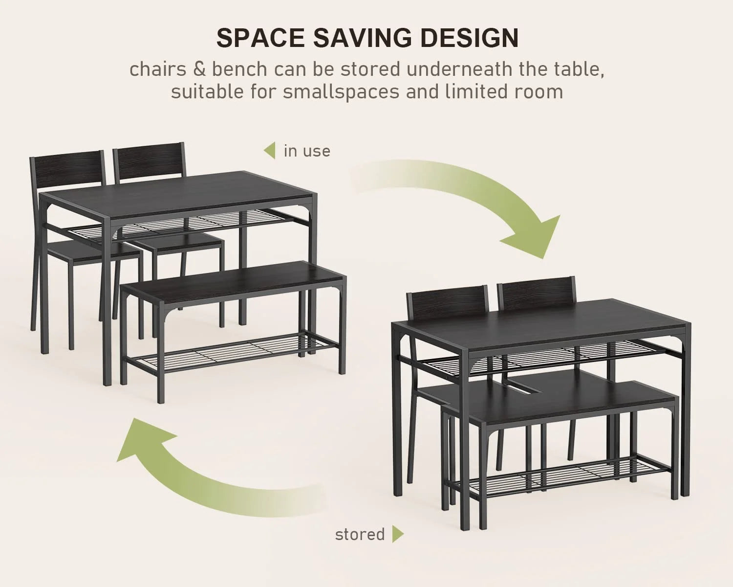 Black Kitchen Table with 2 Chairs and Bench with Storage Rack H992323