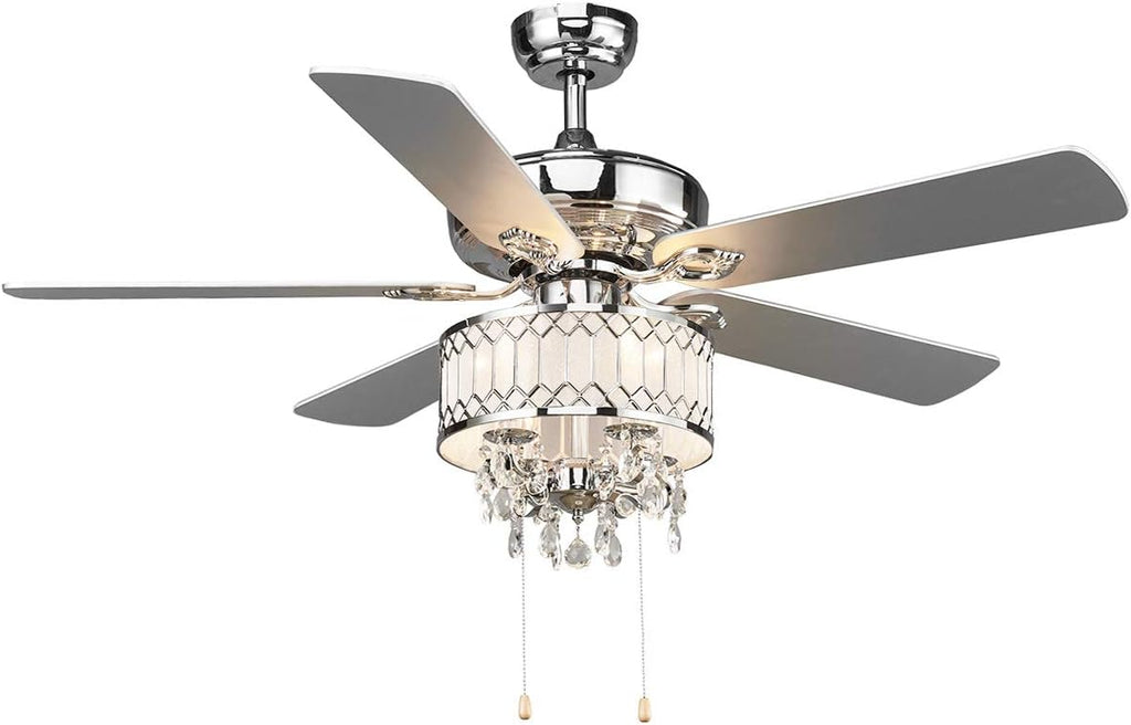 Silver Crystal Ceiling Fan with Lights, 5 Iron Reversible Blades S564666