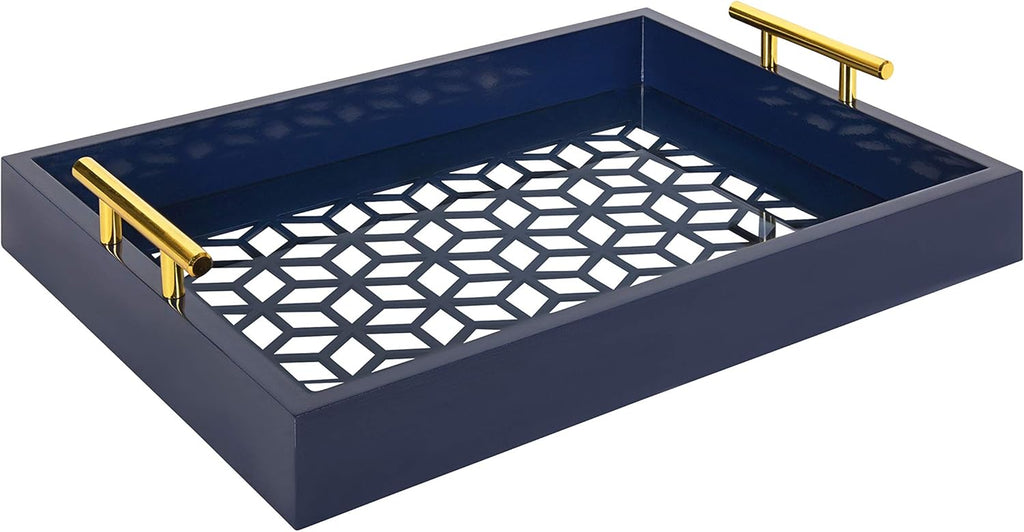 White and Gold Decorative Tray with Metal Handles B556904