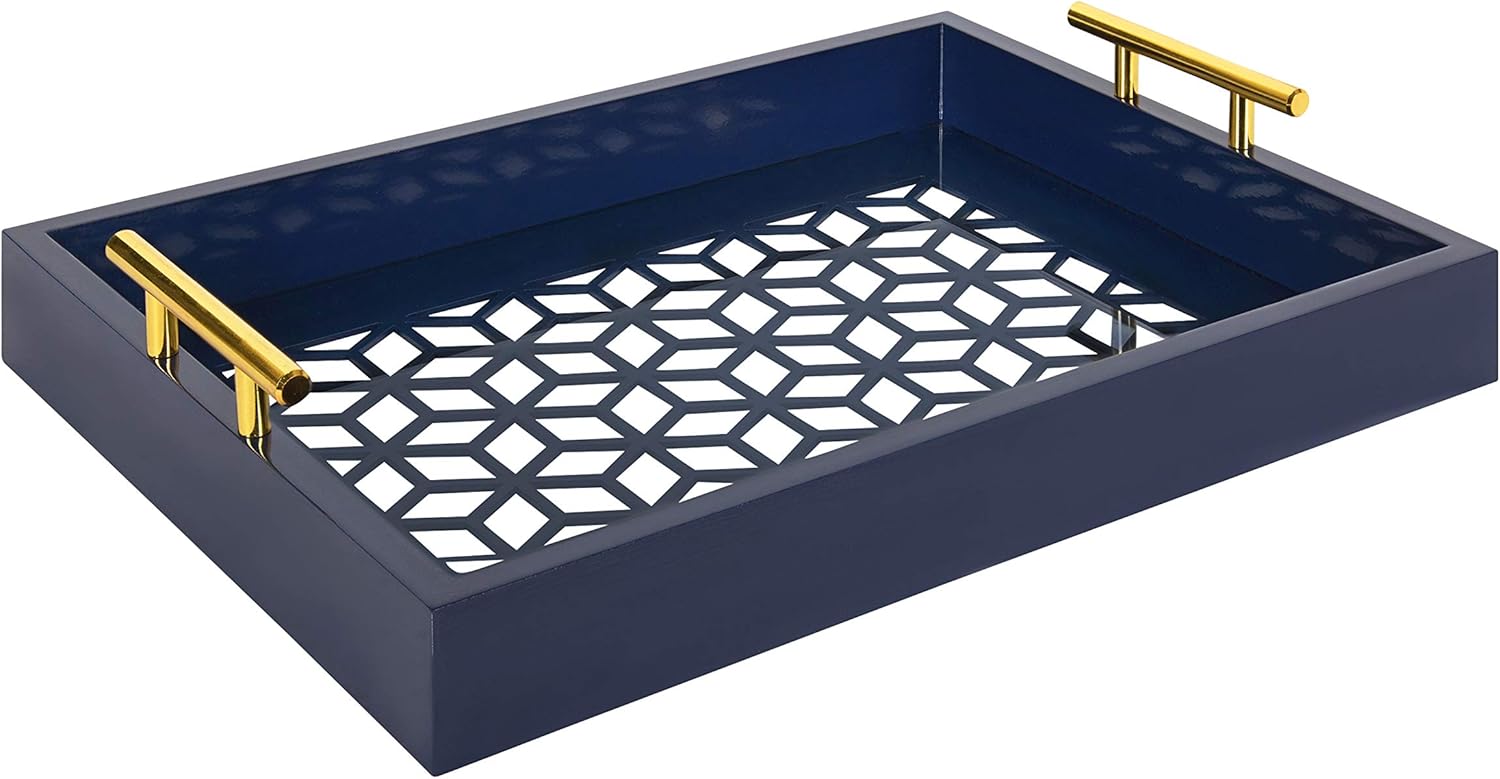 White and Gold Decorative Tray with Metal Handles B556904