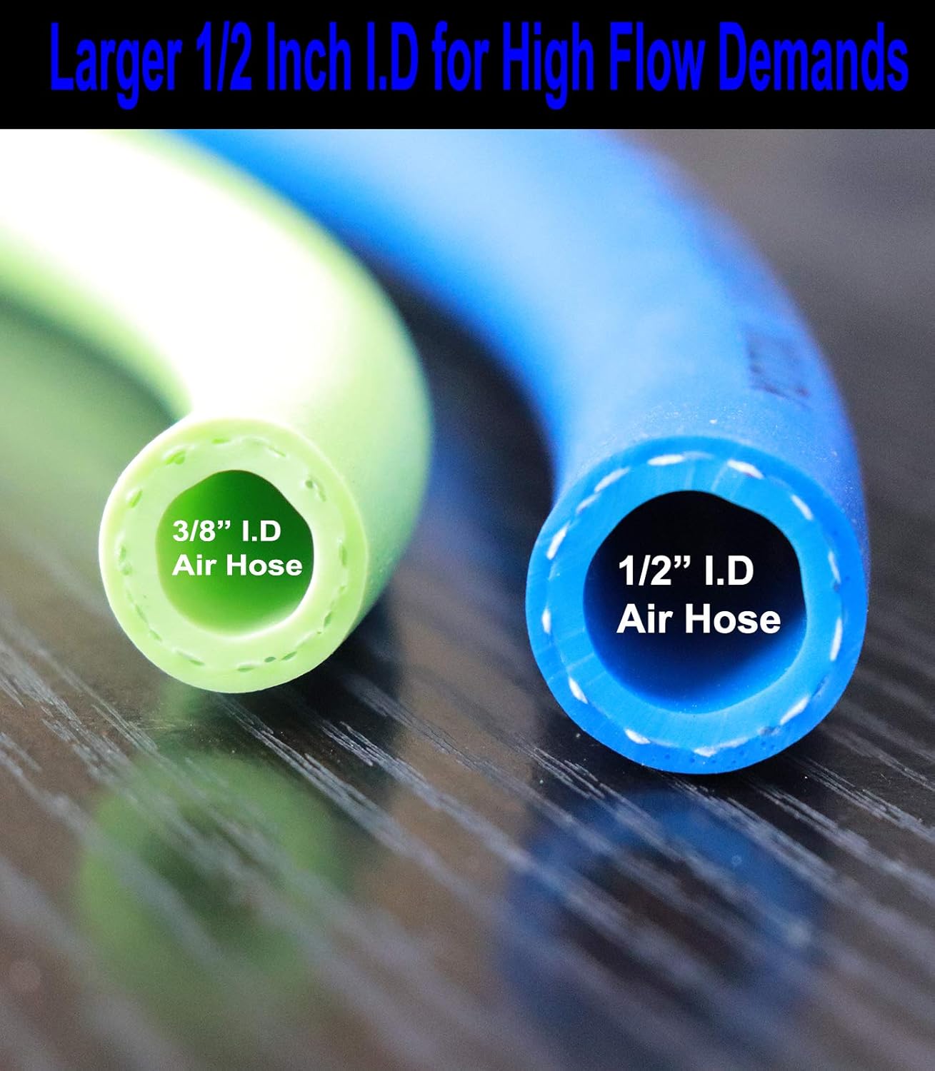 Hybrid Air Hose 1/2-Inch I.D. by 100-Feet Long Solid Brass Fittings 300 PSI Heavy Duty Lightweight Kink Resistant with 3/8" and 1/4" Industrial Quick Coupler Connectors Blue Y793119