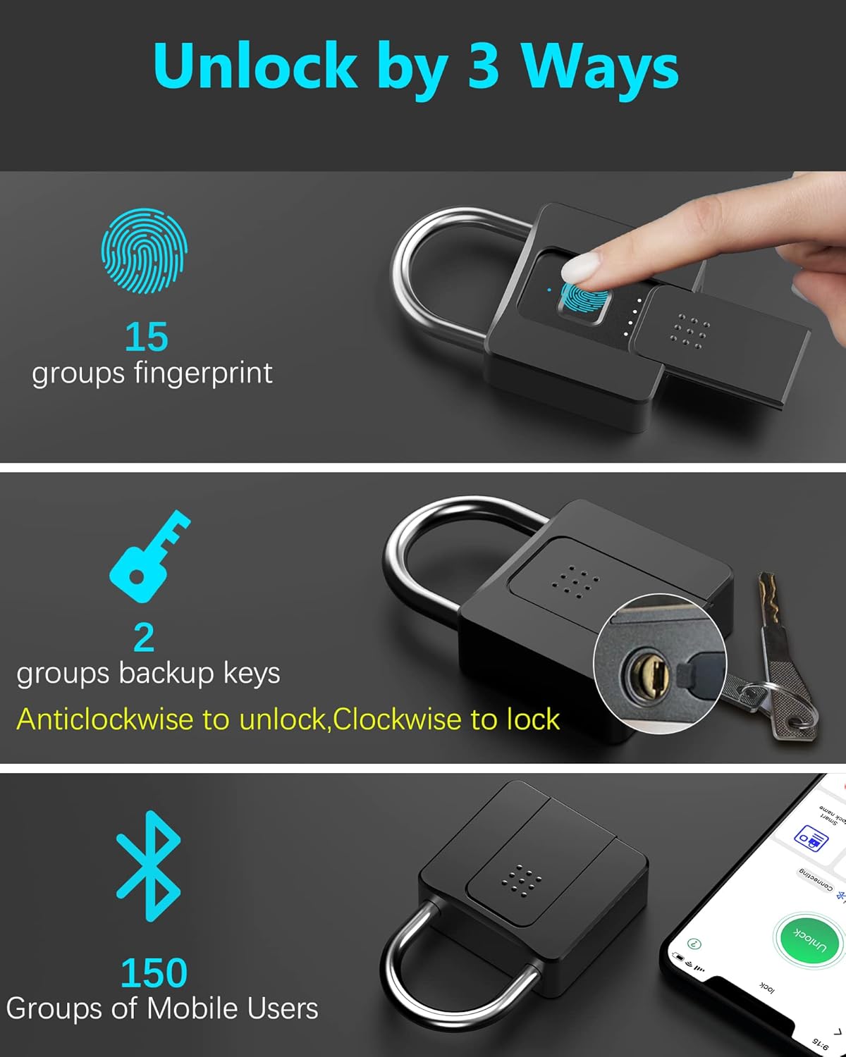 Smart Bluetooth Fingerprint Padlock with Key Backup O59148