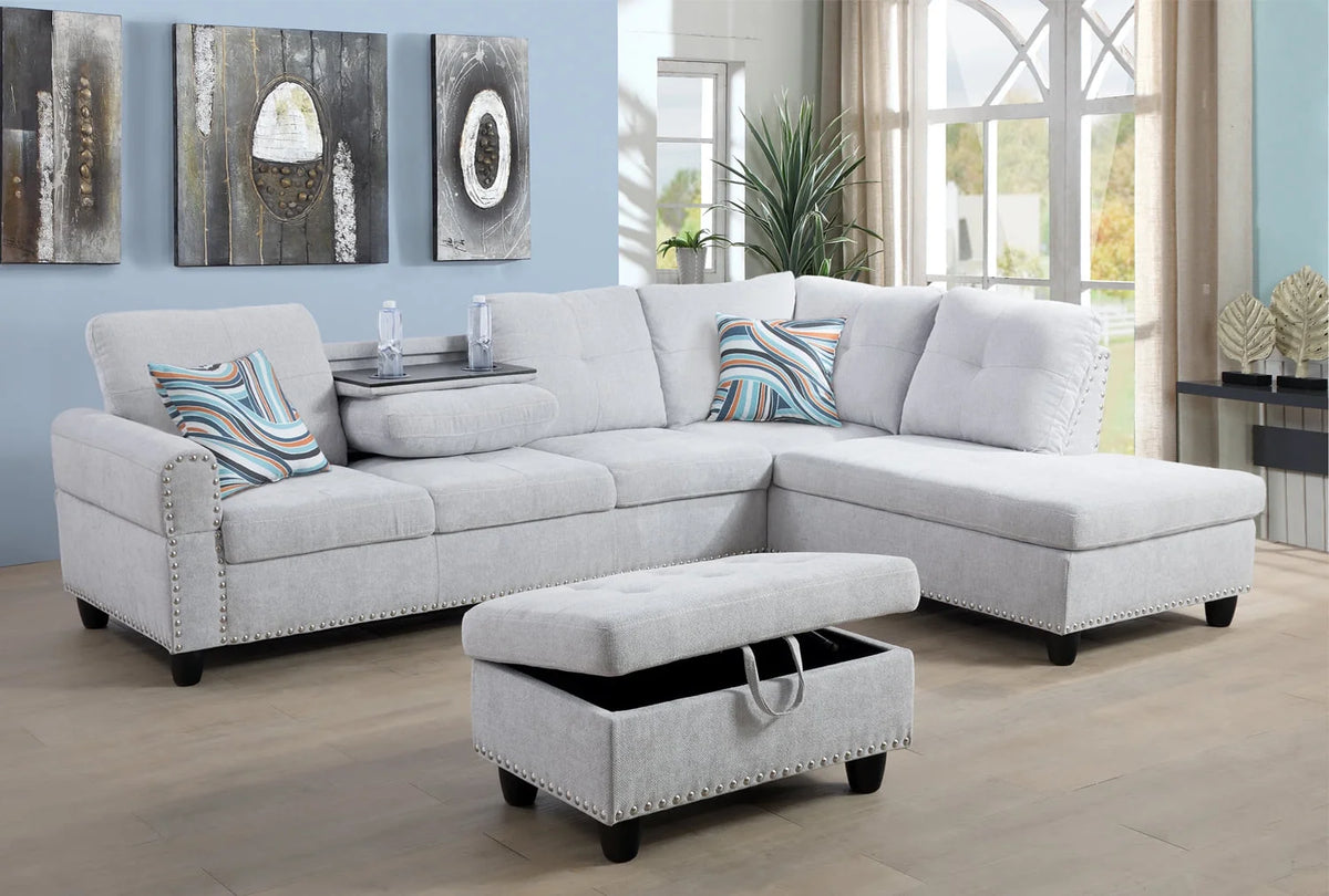 Linen Fabric Sectional Sofa with Storage Ottoman & Toss Pillows L302621