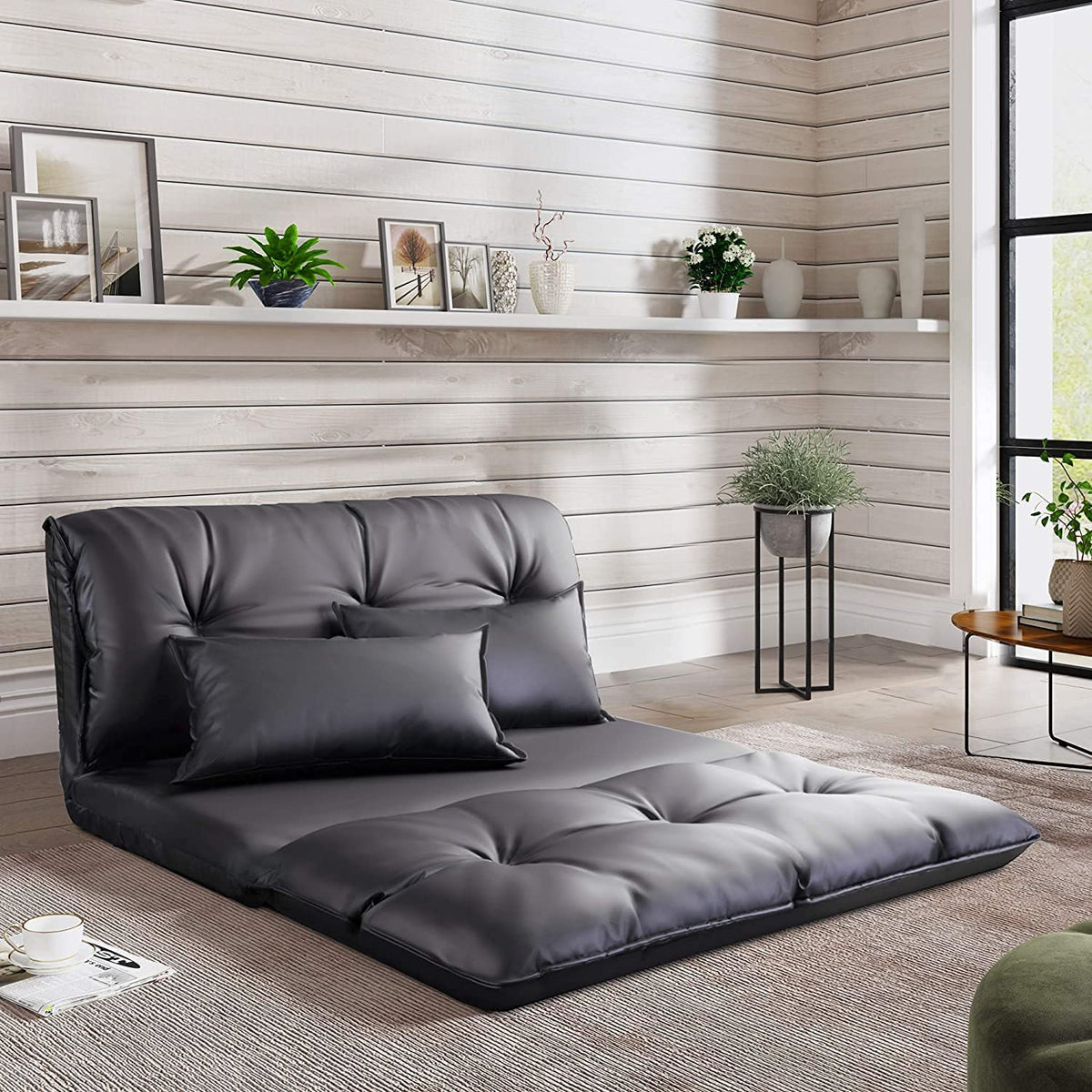 Adjustable Floor Sofa Bed with 2 Pillows, 5 Reclining Position, Black P554943