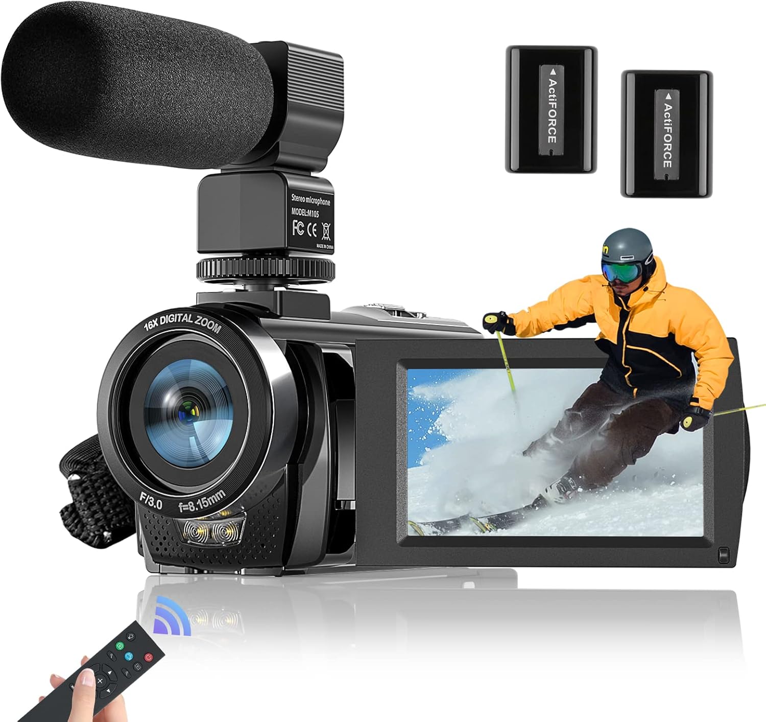 Full HD 1080P 24MP 30FPS 16X Zoom Digital Camera with 3.0 Inch 270° Rotation IPS Screen, Fill Light, Microphone, 2.4G Remote, 2 Batteries F782915