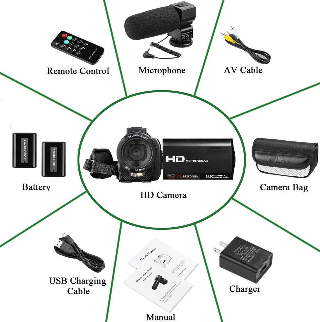Full HD 1080P 24MP 30FPS 16X Zoom Digital Camera with 3.0 Inch 270° Rotation IPS Screen, Fill Light, Microphone, 2.4G Remote, 2 Batteries F782915