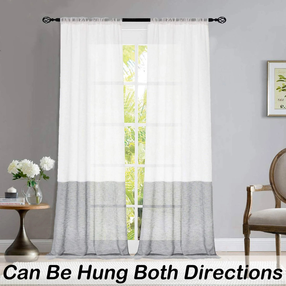 Gray White Sheer Linen Curtain Panels with Rod Pocket, 50"x84"x2 J897