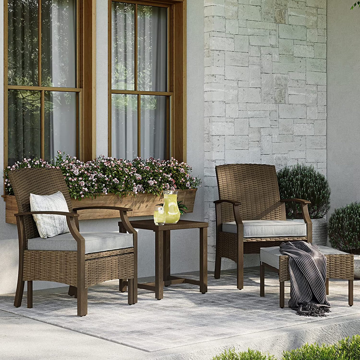 5 Piece Rattan Patio Furniture Set with Ottoman and Coffee Table E48089