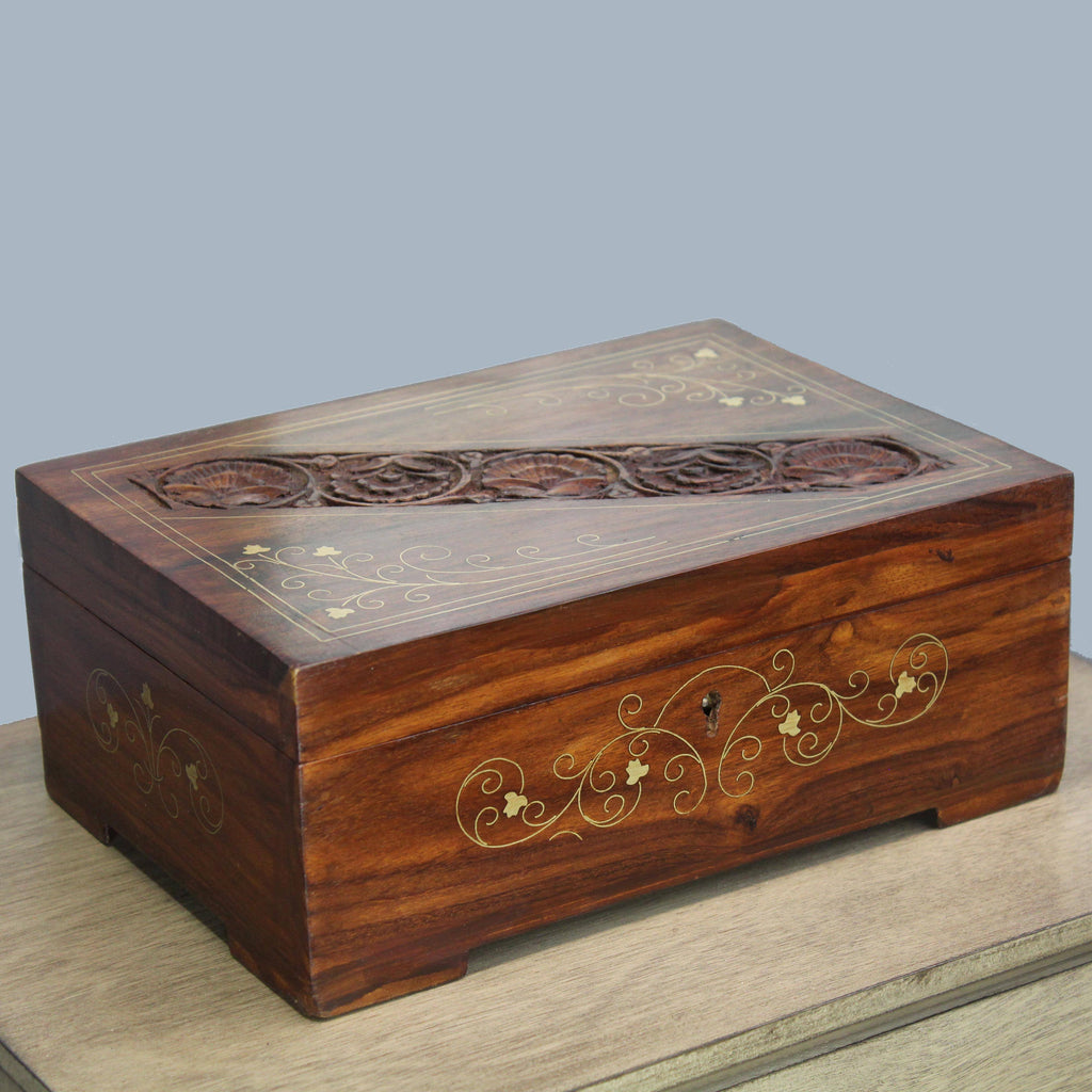 Rosewood Carved Wooden Decorative Box with Key I1246