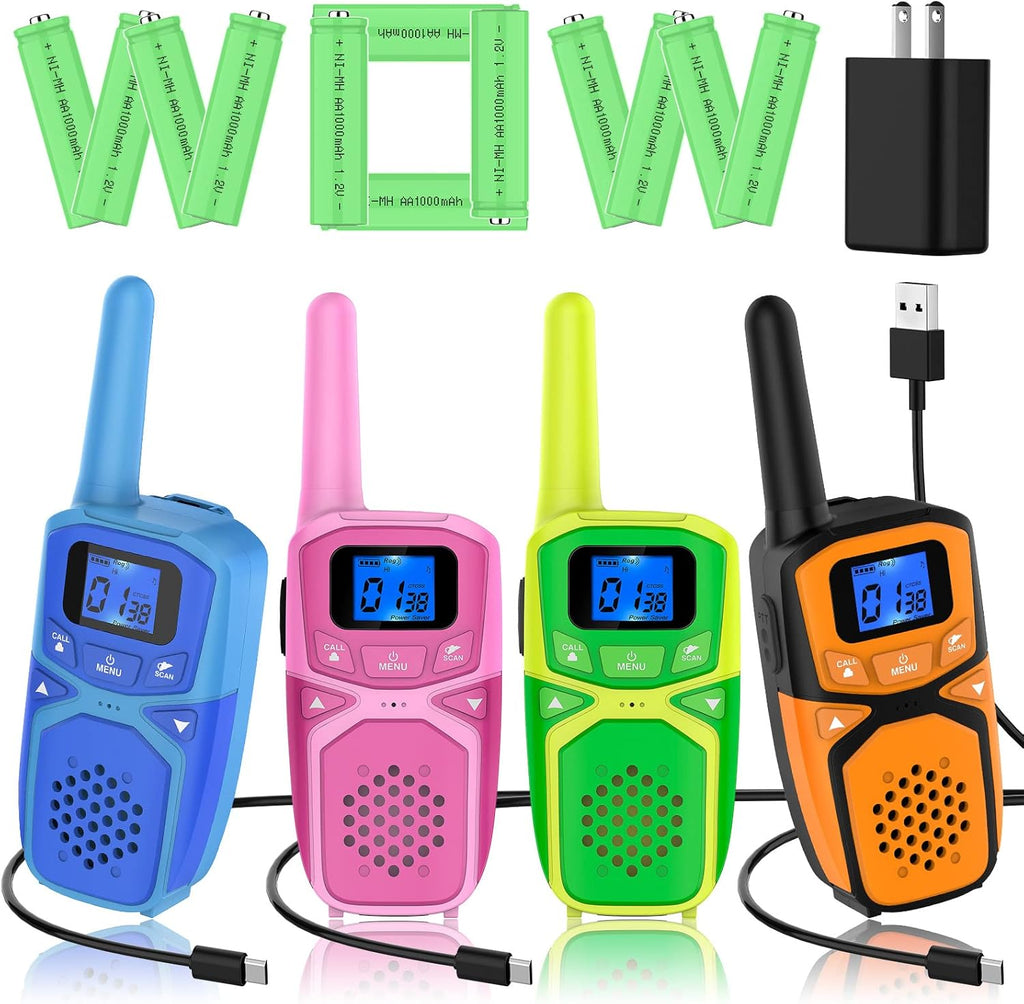 Rechargeable Walkie Talkies 4 Pack, 3 Miles Range (Blue Pink Green Orange) J2528