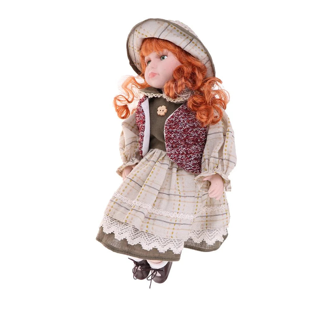 16inch Porcelain Doll Sitting People Figures in Clothes Hat Y27875