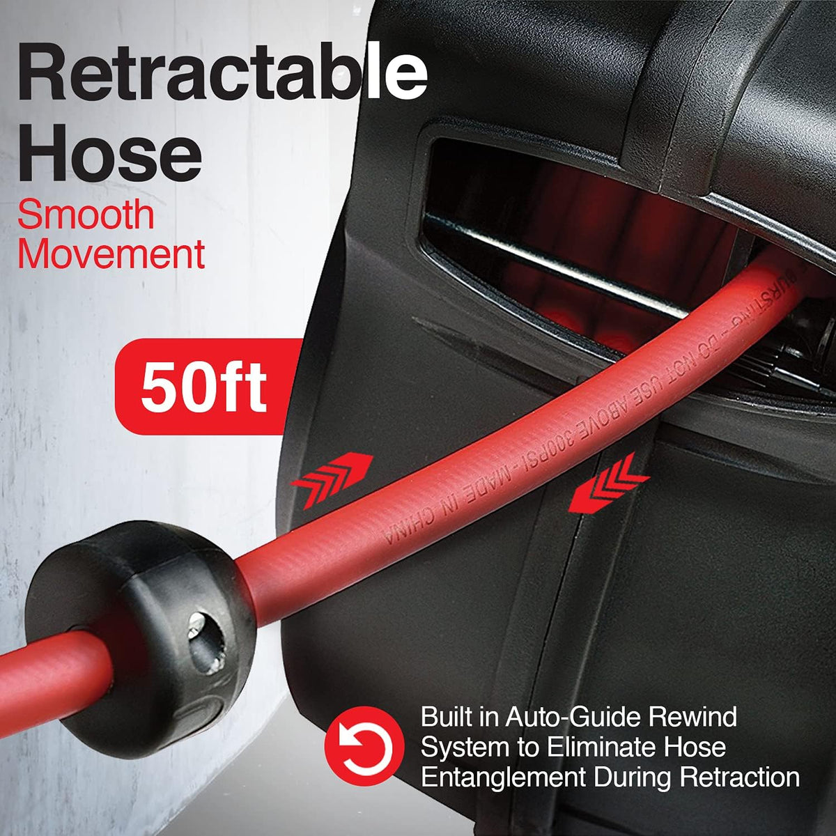 Retractable 3/8 Inch x 50' Foot Hybrid Polymer Red Air Hose Reel R6913