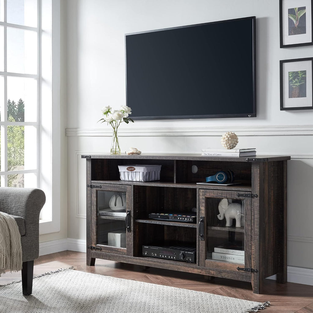 Tall Rustic TV Stand with Glass Storage Cabinets & Open Shelves N77812