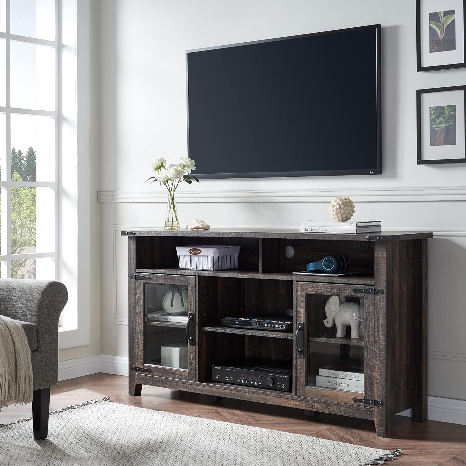 Tall Rustic TV Stand with Glass Storage Cabinets & Open Shelves N77812