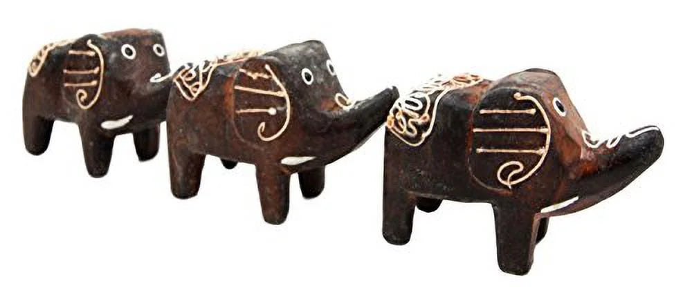 Hand Made Wood Elephant Family Miniature Figurine Set 2.5"L I144
