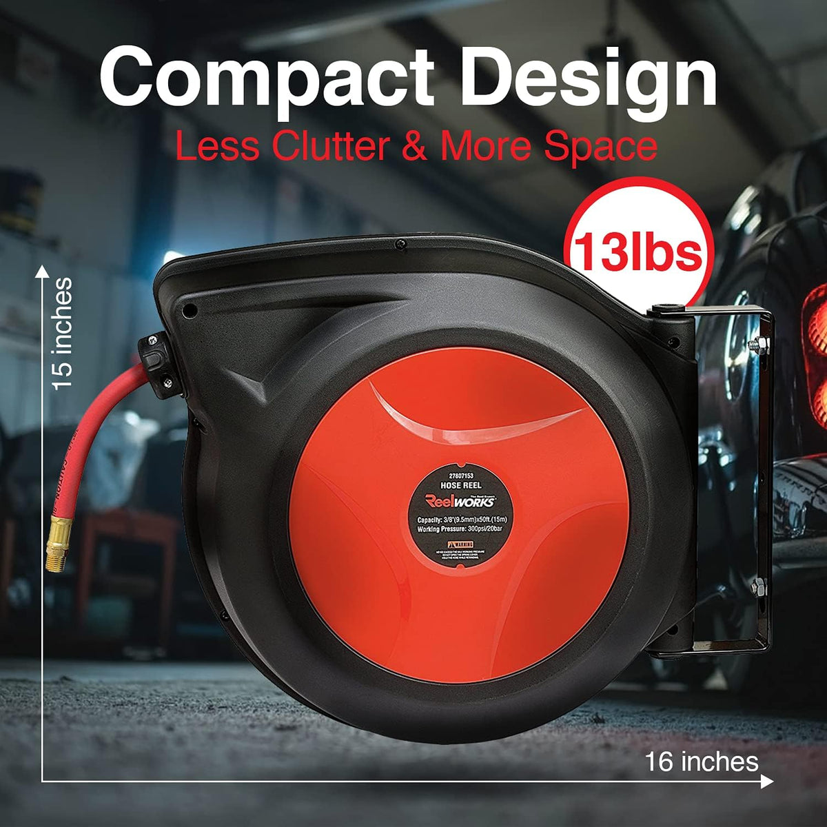 Retractable 3/8 Inch x 50' Foot Hybrid Polymer Red Air Hose Reel R6913