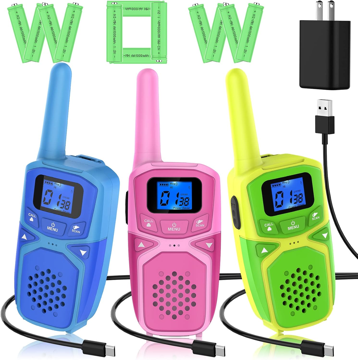 Rechargeable Walkie Talkies 4 Pack, 3 Miles Range (Blue Pink Green Orange) J2528