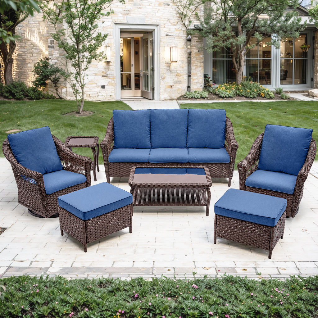 Navy Rattan Patio Sofa Set, 7 Pieces Outdoor Wicker Furniture with Cushions J871911