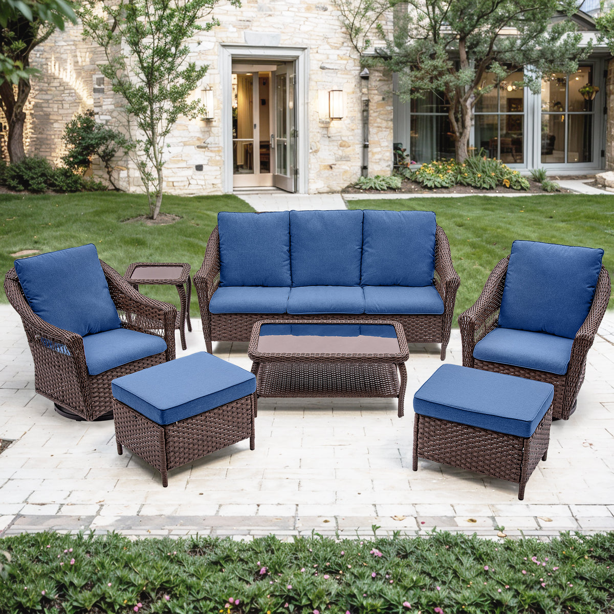 Navy Rattan Patio Sofa Set, 7 Pieces Outdoor Wicker Furniture with Cushions J871911