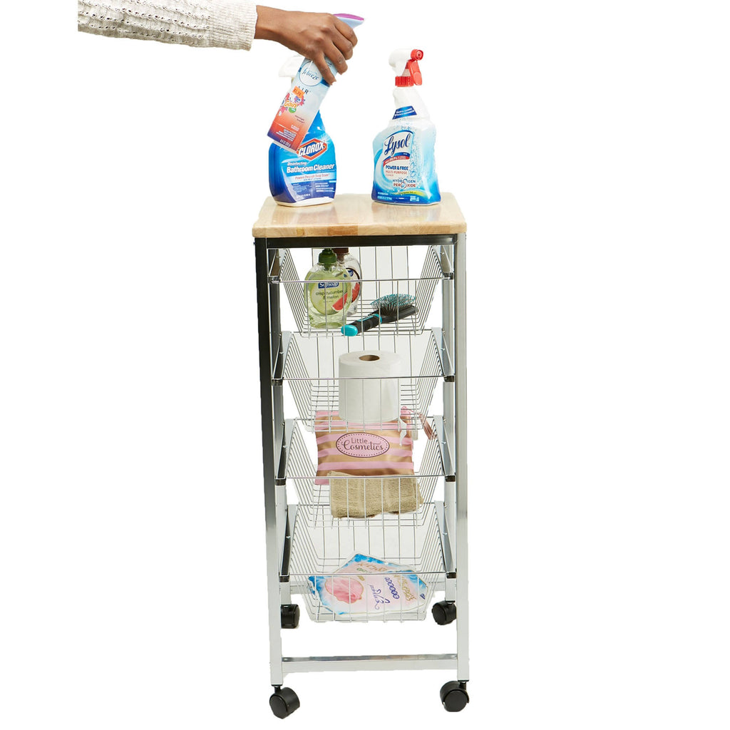 4 Tier Wire Basket Cart with Wood Surface H6945