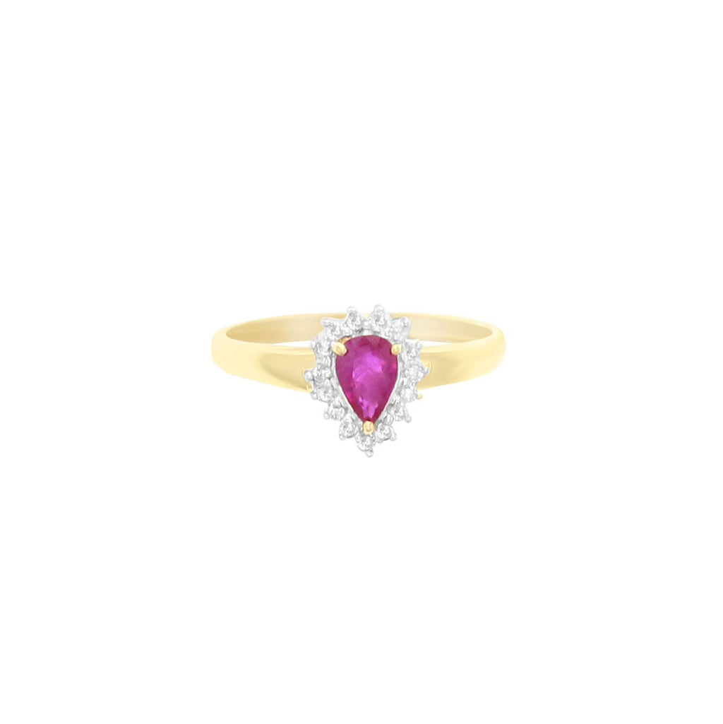 Pear Shaped Ruby Diamond Halo Engagement Ring 14K Yellow Gold J24904