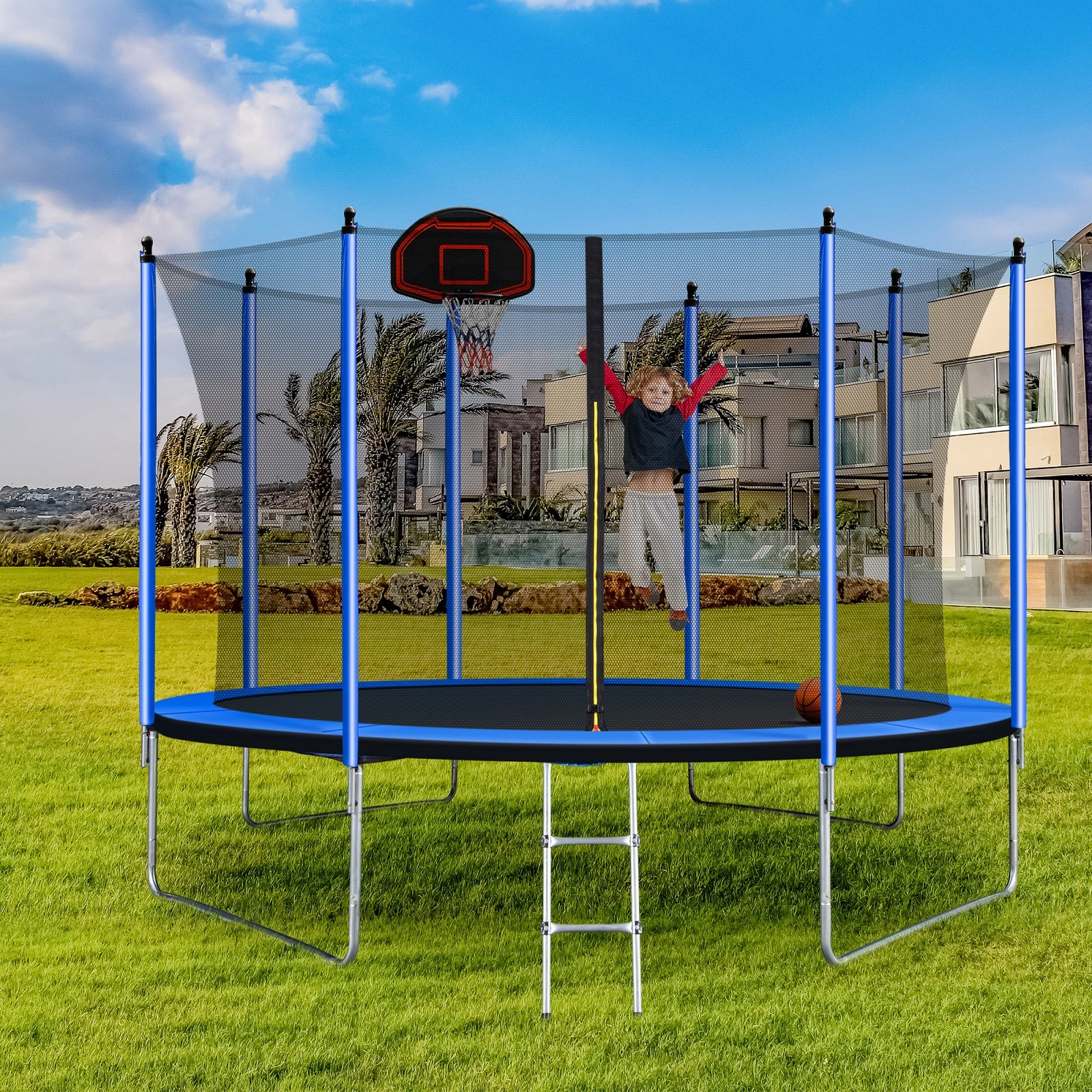 10ft Trampoline with Basketball Hoop and Ladder F64425