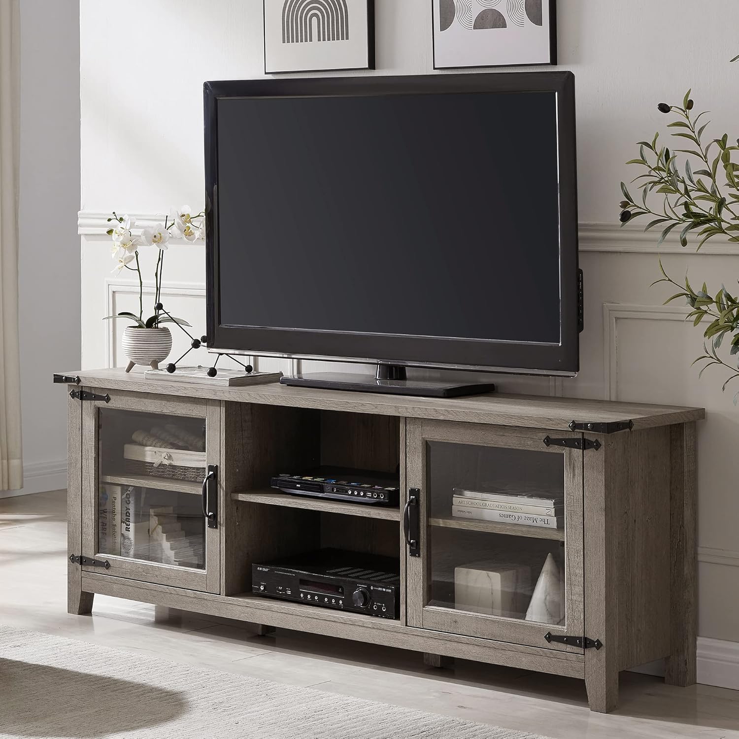 Tall Rustic TV Stand with Glass Storage Cabinets & Open Shelves N77812