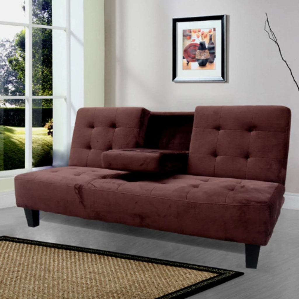 Brown Futon Sofa Bed with Cup Holder W864887