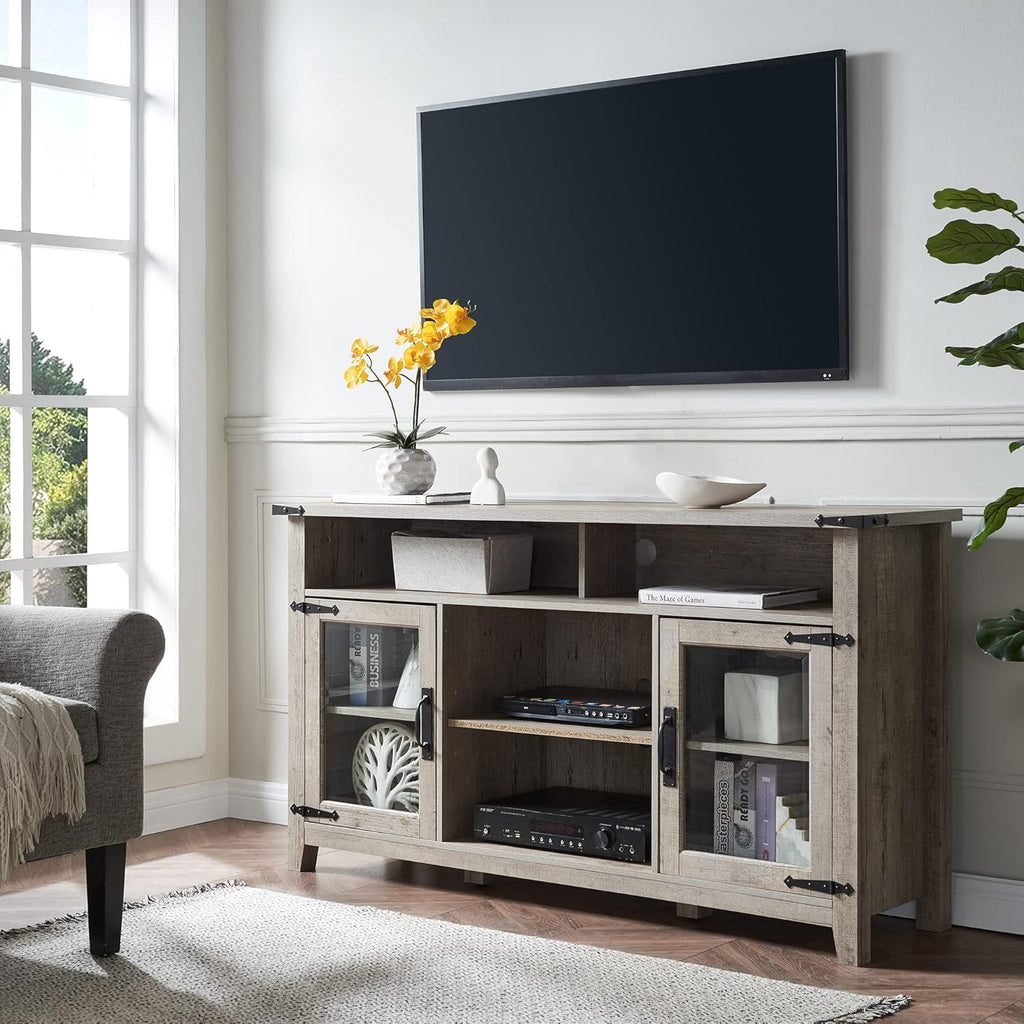 Tall Rustic TV Stand with Glass Storage Cabinets & Open Shelves N77812