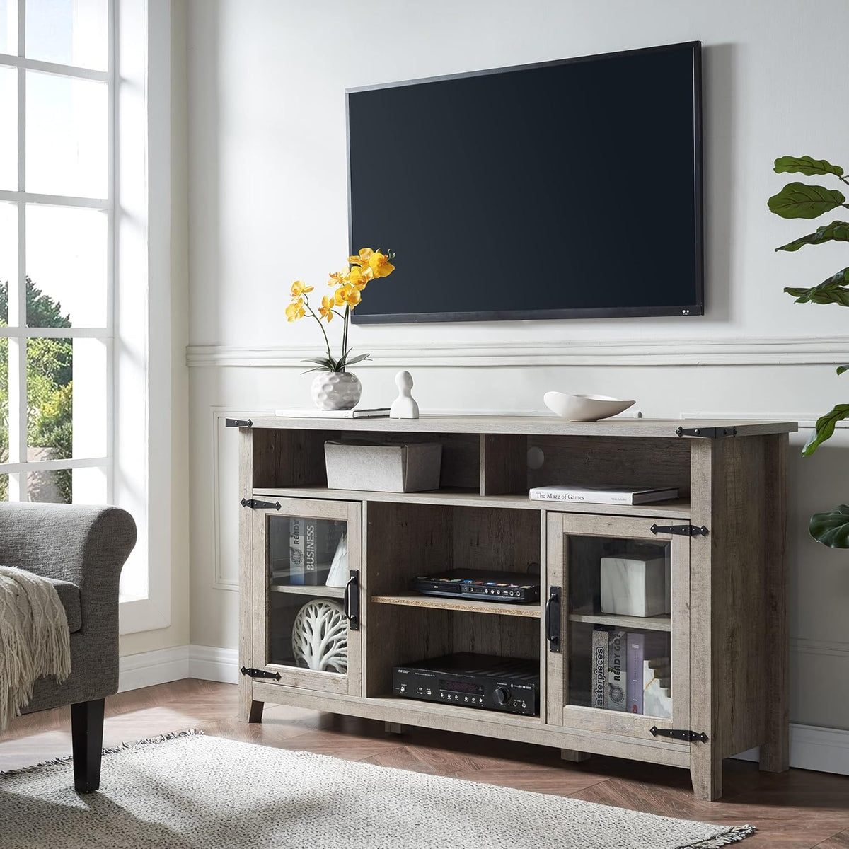 Tall Rustic TV Stand with Glass Storage Cabinets & Open Shelves N77812