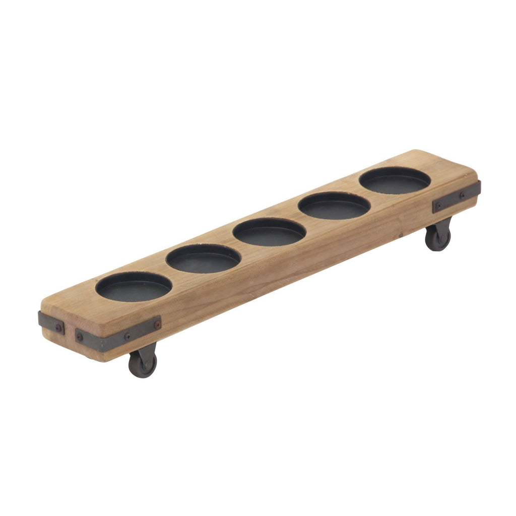Rustic Fir Wood and Iron Candle Holders on Casters - Set of 3 B1496