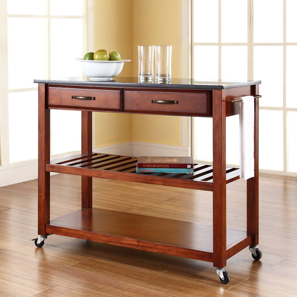 Solid Black Granite Top Kitchen Cart with Stool Storage Y5691