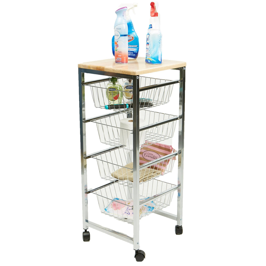 4 Tier Wire Basket Cart with Wood Surface H6945