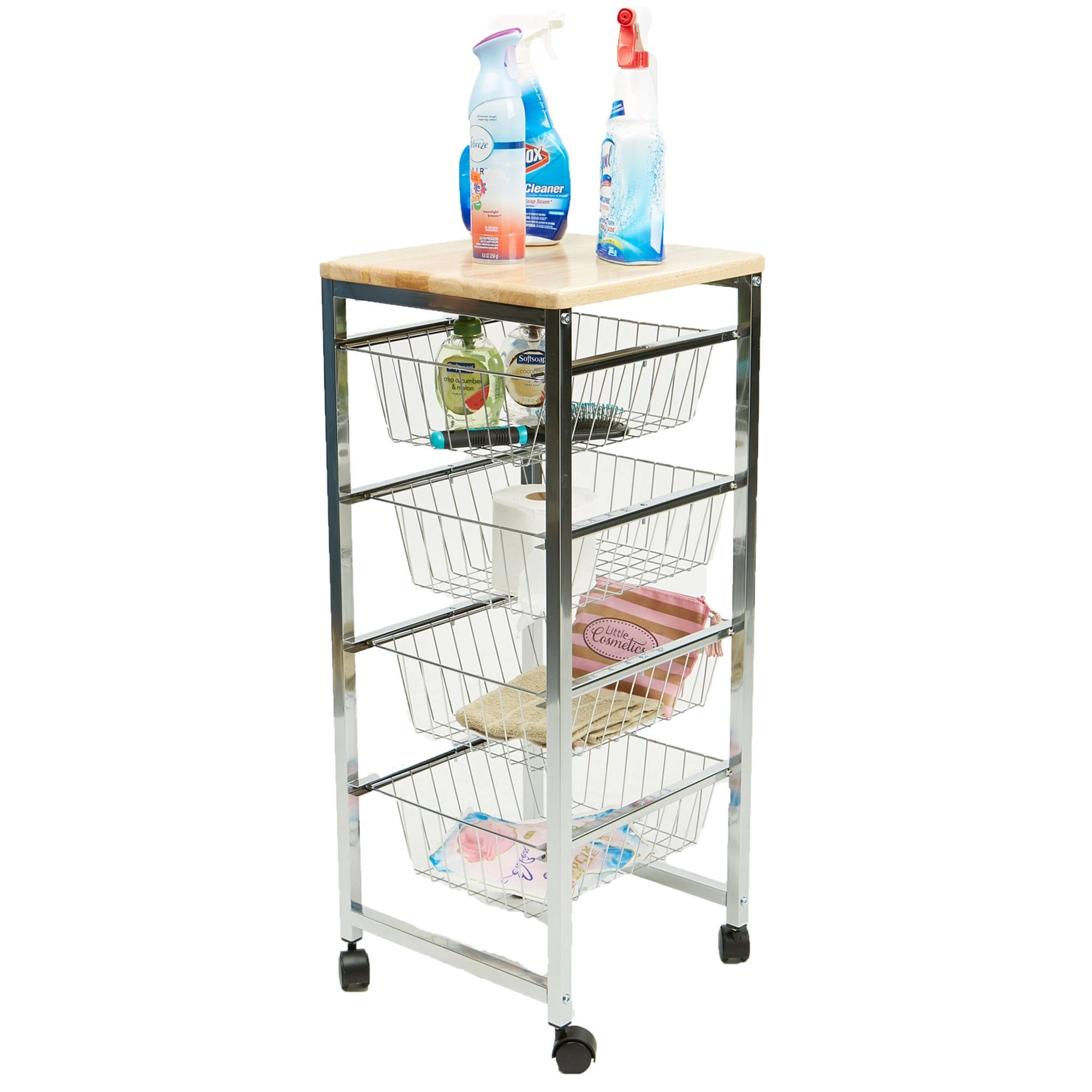 4 Tier Wire Basket Cart with Wood Surface H6945