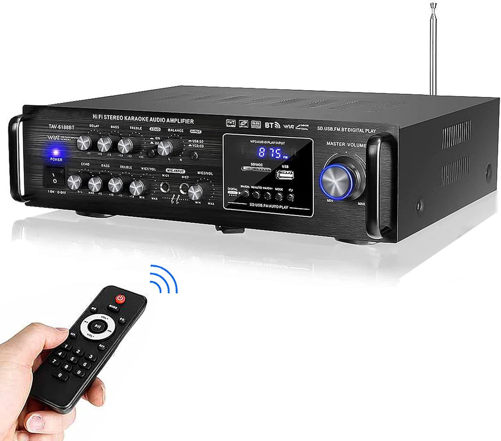 Bluetooth Stereo Power Amplifier with FM Radio, MP3/USB/SD, 2 Mic in Echo, RCA, LED Q11375