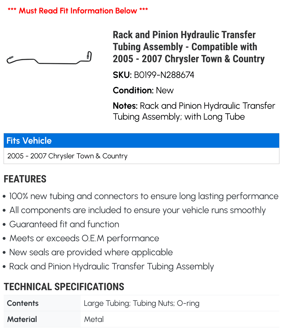 Rack and Pinion Hydraulic Transfer Tubing Assembly L365476